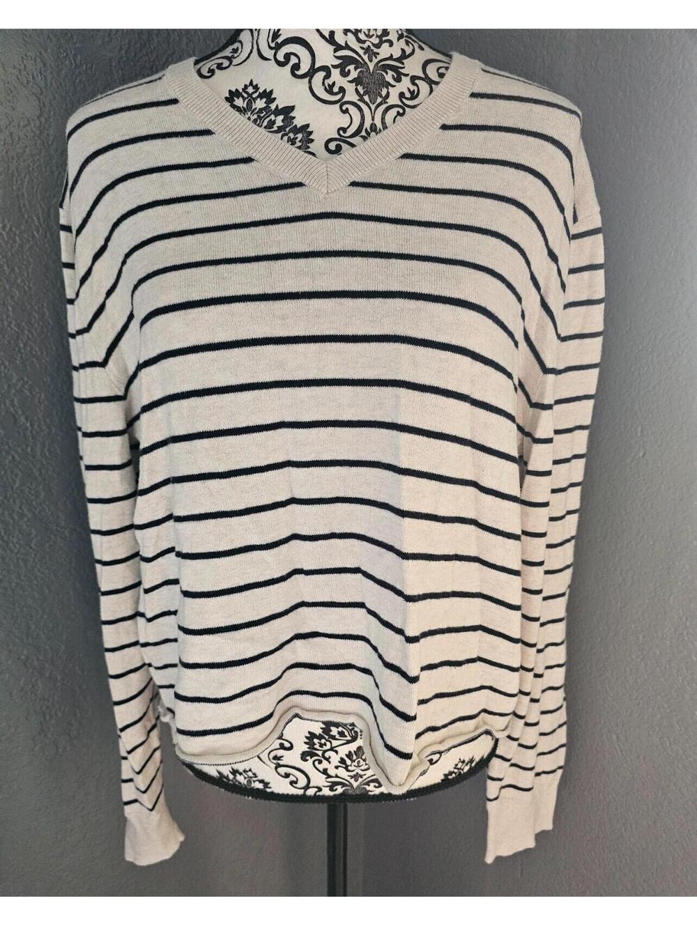 Women's Gap Long Sleeve Cropped Sweater Striped V-Neck Size Large Beige & Blue
